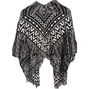 Fringe Poncho Cardigan Aztec Southwestern Boho Knit Open Front Festival Wrap